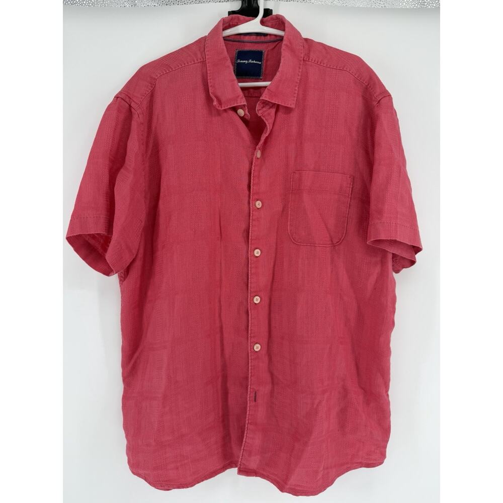 Tommy Bahama 100% Linen Mens X-Large Pink Button Up Short Sleeve Casual Shirt